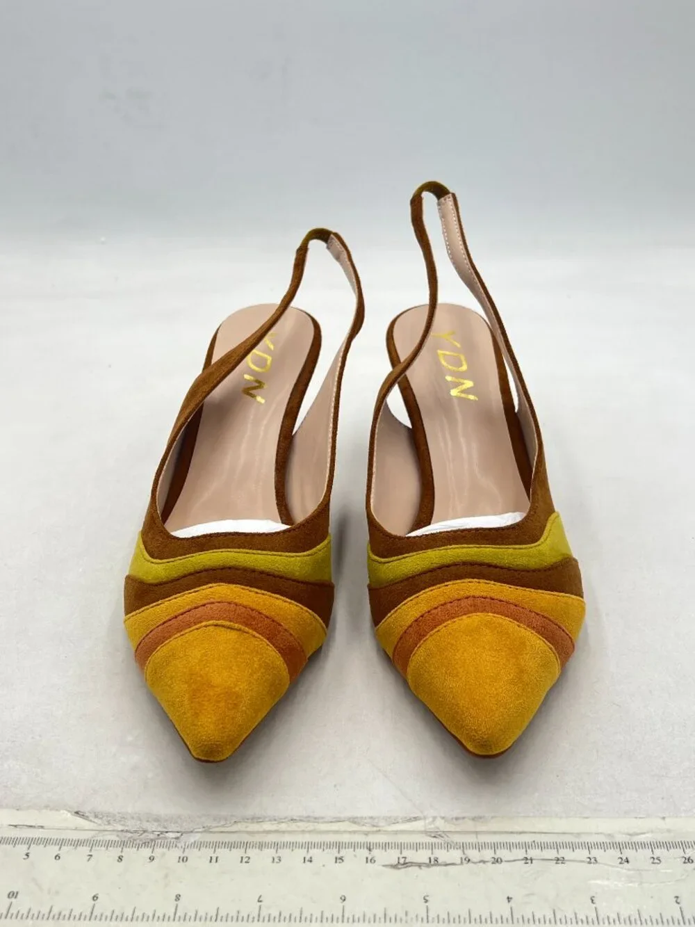 YDN Yellow Floral Metallic Spiral Heels Slip On Sandals Slingback Elastic Pumps